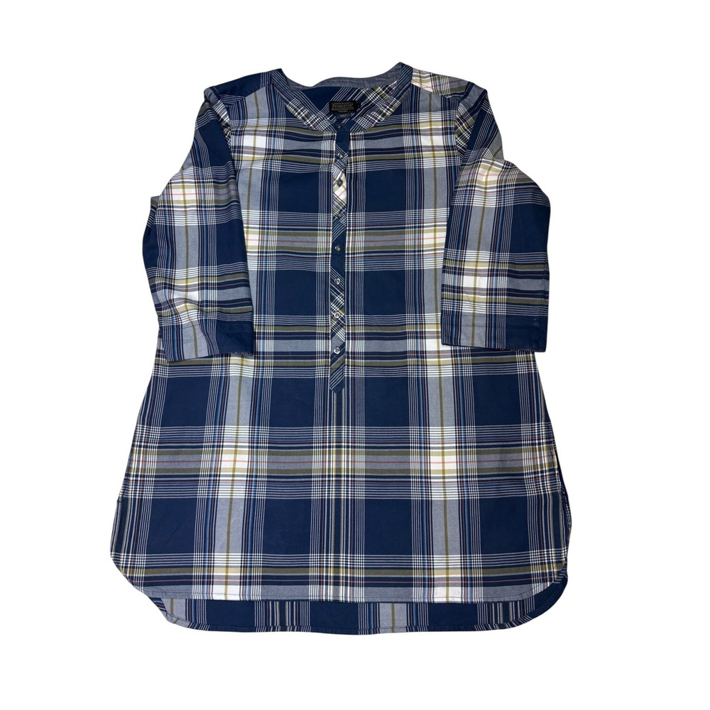 Pendleton Women's Plaid 3/4 Sleeve Tunic Top Blue White Olive Green Large
